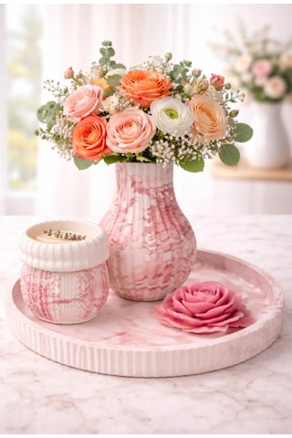 Rose Marble Dekoratif Vazo & Kokulu Mum Seti Kırmızı-beyaz