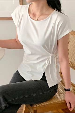 Cool Tarz Kadın Yan Bağlama Detaylı Tişört Günlük Şık, Rahat Kesim, Modern Basic Bluz Beyaz