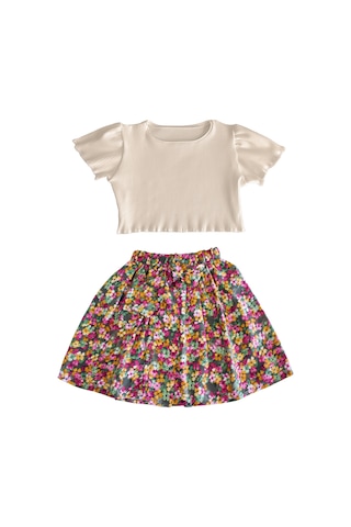 Etekli Crop Takım, Pamuklu Çiçekli Etek - Pamuklu Fitilli Crop Skahve-çiçekli2 Çok Renkli