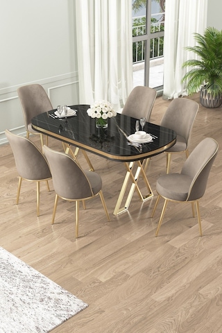 Canisa Lai Serisi 90x168 Lak Panel Sonata Gold Ayak Masa Takımı 6 Cappucino Sandalye Sonata Masa Cappucino Sandalye Ayaklar Gold