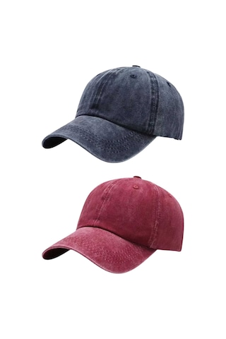 Tezzgelsin Unisex Eskitme Vintage Pamuklu Ayarlanabilir Beyzbol Kep Şapka 2'li Set Lacivert - Kırmızı