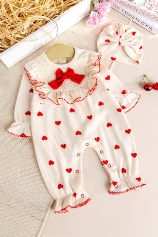 Babymod Kalp Desenli Şapkalı 100% Pamuk Kız Bebek Tulum Kırmızı