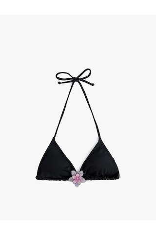 Koton Taşlı Çiçek Aksesuar Detaylı Üçgen Bikini Üstü Siyah 6sak10040mm Siyah