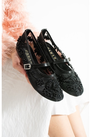 Dabab Shoes Flora Kadın Siyah İnci İşlemeli Tül Dokulu Bantlı Babet Düz Ayakkabı