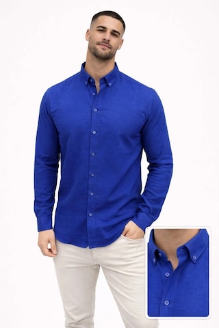 Wear Vexel Erkek Keten Kumaş Uzun Kollu Regular Fit Gömlek - Saks Mavisi Çok Renkli