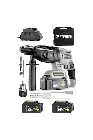 Steiner 88V 5Ah Çift Akülü Darbeli Kırıcı Delici Matkap Gri + Mandren + 5 Parça Uç