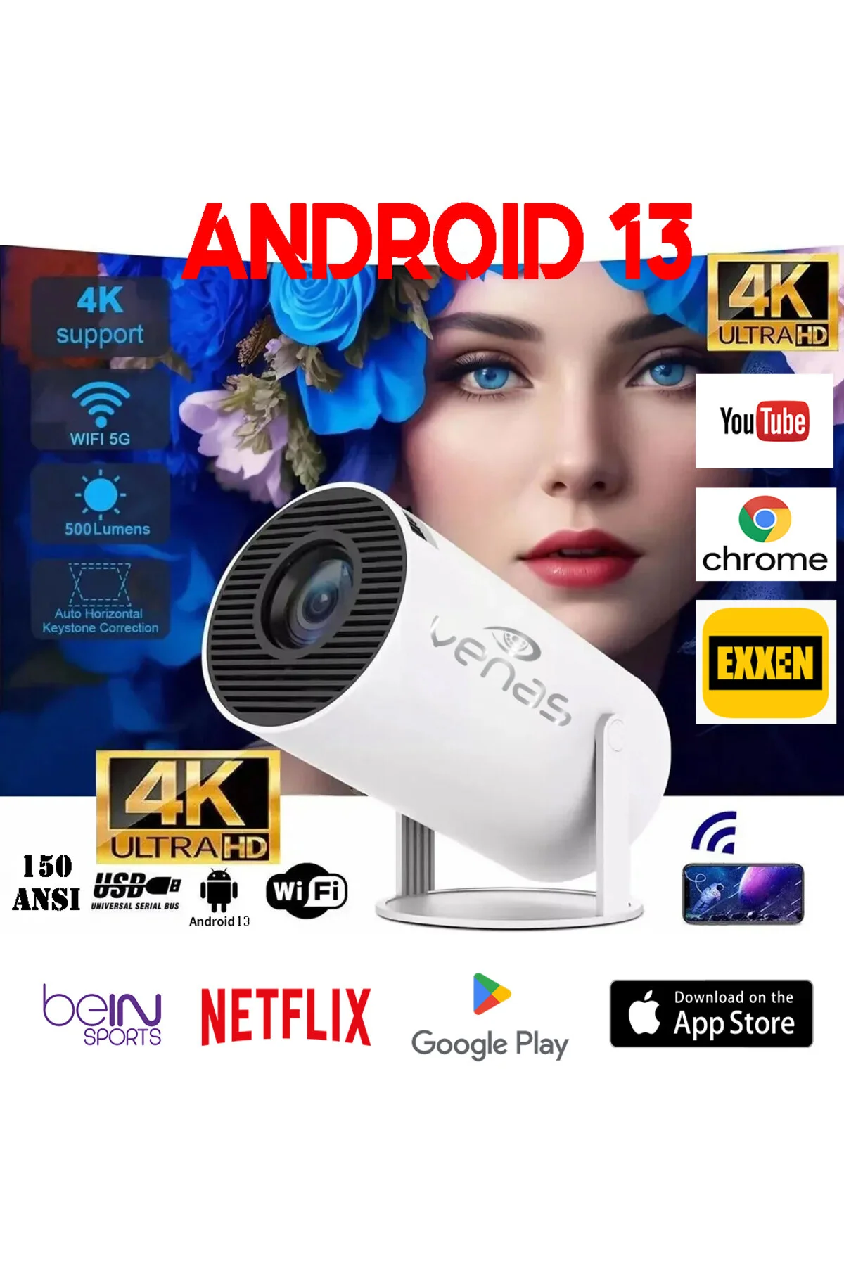 Taşınabilir Ev Ofis Tipi Sesli Sinema Projeksiyon Android 13 İşlemcili Appstore Ve Googleplay Li