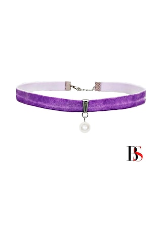 Mor Renk Kadife Kadın Akrilik Inci Choker Kolye Renkli