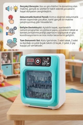 Pilli Işıklı Sesli 11 Parçalı Aparatlı Eğitici Evcilik Oyuncak Bulaşık Makinesi