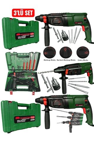 Schmıtzer 3'lü Set Sch-2603y Pro 850 W Sds Plus Metal Şanzuman Profesyonel Darbeli Matkap Kırıcı Delici 26mm Hilti