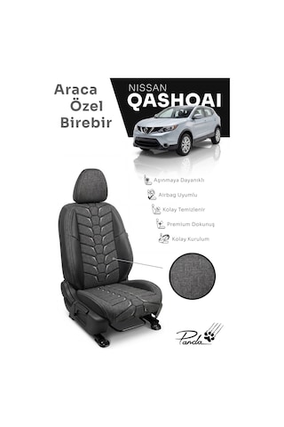 Füme - Gri Panda Nissan Qashqai 2014 - 2020 Arası Uyumlu Araca Özel Keten Oto Koltuk Kılıfı