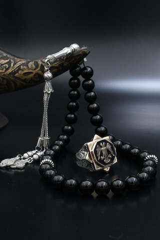 Doğal Oniks Taşlı Tesbih Ve 925 Ayar Gümüş Yüzük Selçuklu Kartalı Mineli 902065 Gümüş