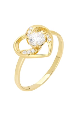 Zirkon Tektaşlı Kalp Tasarım Gold Renk 925 Ayar Gümüş Bayan Yüzük (531209289)