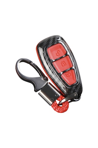 Kangvka Ford Fiesta, Focus, Kuga, C-max Uyumlu 3 Tuşlu Silikon Anahtar Kılıfı - Karbon Fiber Desenli Kırmızı Anahtar Kılıfı Ve Anahtar Zinciri