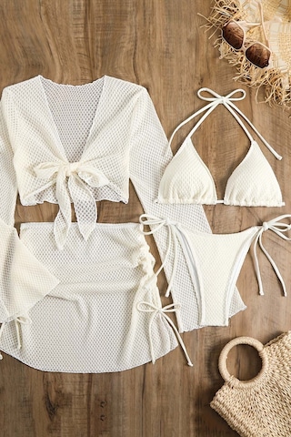 Angelsin Bağlamalı Alt Üst Pareo Üçgen 4'lü Brezilya Bikini Takım Set Çıkartılabilir Kaplı Beyaz