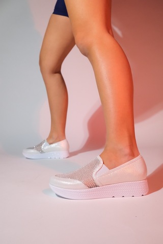 Luvishoes Purcan Sedef Simli Fileli Kalın Tabanlı Kadın Günlük Ayakkabı Sedef