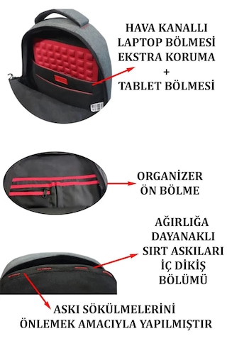 Laptop Sırt Çantası 17" Inç Tablet Usb Bölmeli Siyah