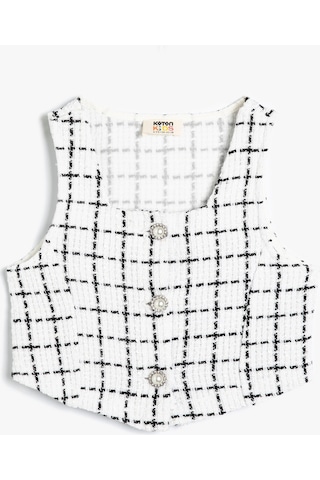 Koton Crop Tüvit Bluz Kolsuz İnci Düğme Detaylı Ekru Çizgili 4skg60112aw Ekru