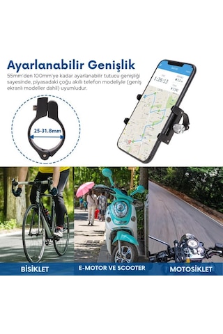 Polham Pro Seri Gidon Uyumlu Motorsiklet Telefon Tutucu, Bisiklet, Scooter Uyumlu Sıkıştırmalı Tutucu Siyah