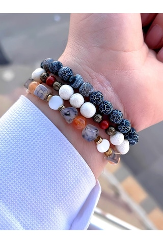 3.lü Doğal Taş Damarlı Akik,firuza Ve Jasper Taşı Doğaltaş Bileklik Mdl189188187 Çok Renkli