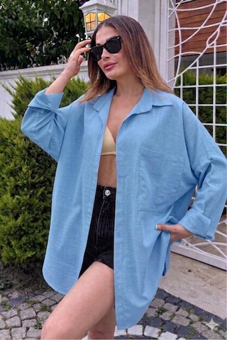 Rouge Basıc Oversize Keten Dokulu %100 Pamuk Salaş Gömlek Mavi