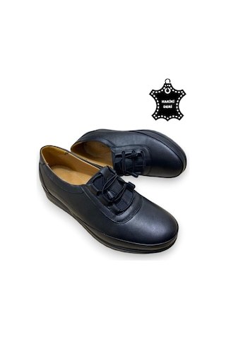 Günlük Kadın Hakiki Deri Comfort Tam Ortopedik Anne Ayakkabısı Siyah Lastikli Siyah