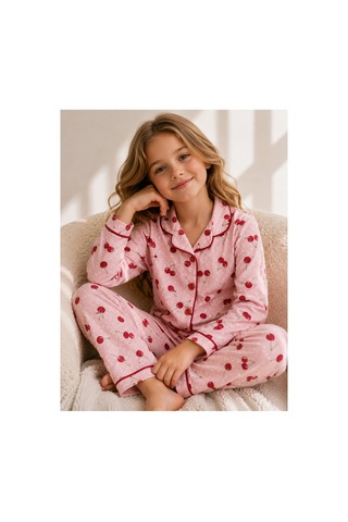 Beka Kids Desenli Uzun Kollu Önden Düğmeli Gömlek Yaka Kız Çocuk Pijama Takımı Ve Göz Bandı Kırmızı
