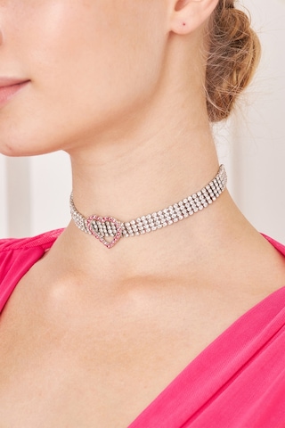 Kadın 4 Sıra Ortası Pembe Kalp Model Zirkon Taşlı Gümüş Choker Ko Gümüş