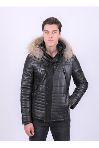 New Zaya Leather Erkek Kapüşonlu Şişme Deri Mont Siyah