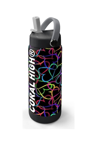 Coral High 650 Ml Kız Çocuk Kalp Baskılı Siyah Pembe Çelik Suluk/matara Pipetli 38382 Siyah - Pembe