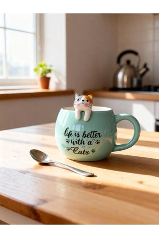 Turkuaz 3d Kedi Figürlü Kupa 420 Ml Turkuaz