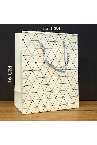 Beyaz Geometrik Desenli Mini Boy Karton Hediye Çantası