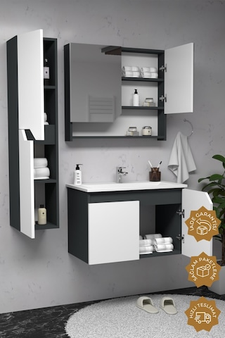 Teta Home Napoli 80 Cm Mdf Banyo Dolabı Seti + Boy Dolabı Antrasit-beyaz Antrasit - Beyaz