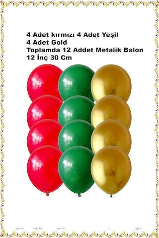 12'li Yılbaşı Balon Metalik Yeşil Kırmızı Gold Yeni Yıl Dekorasyo