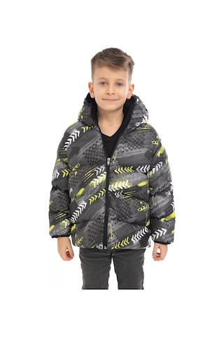 Erkek Çocuk Sarı Siyah Dijital Desen Içi Polar Su Ve Rüzgar Geçirmez Kapüşonlu Şişme Kışlık Mont Sarı - Siyah