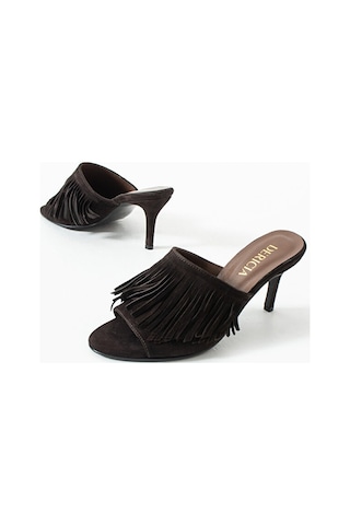 Dericia Shoes Glint Hakiki Deri Süet Kadın İnce Topuklu Yazlık Terlik Kahverengi