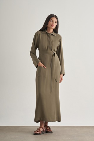 Mizalle Modal Karışımlı Kuşaklı Haki Uzun Gömlek Elbise Haki