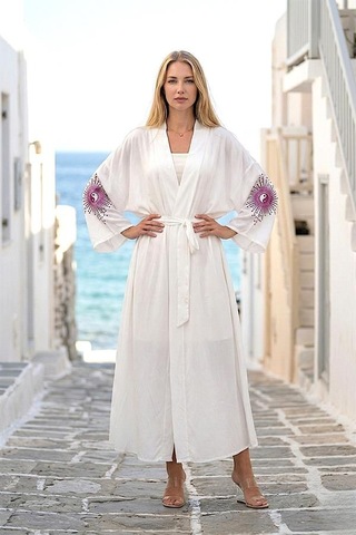Veraura Lifestyle Beyaz Sırtı Ve Kolları Nakışlı Püsküllü Uzun Kimono