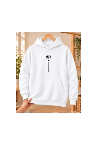 Mor Mürekkep Bozkurt Ay Yıldız Ve Dikey Semboller Baskılı Kapüşonlu Sweatshirt - Beyaz