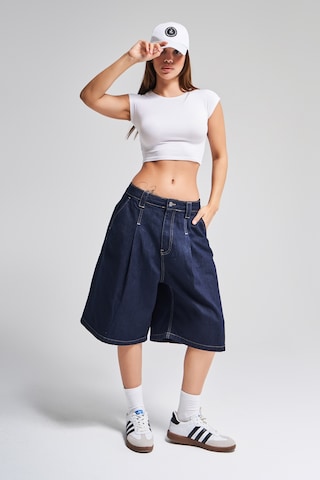 it's basic Kadın İndigo Renk 7s5-50 Skater Fit Maxi Boy Bol Kesim %100 Koton Denim Bermuda Şort