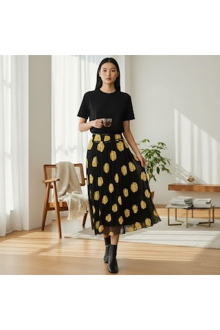 Şifon Beli Lastikli Etek 95 Cm - 38-50 Sarı