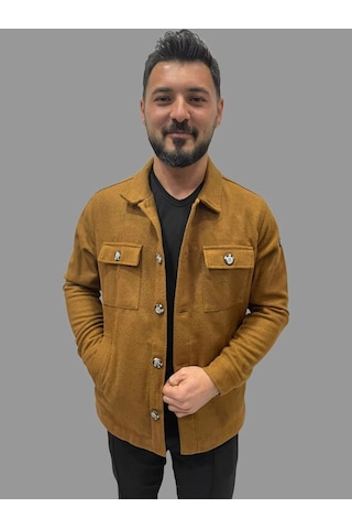 Erkek Cep Detaylı Kışlık Taba Kaşe Gömlek Taba