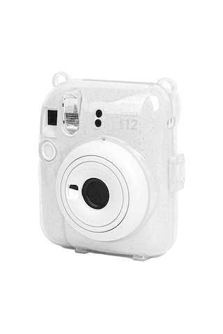 Fujifilm Instax Mini 12 Fotoğraf Makinesi + 10'lu Film + Kıskaçlı Resim Standı + Simli Pleksi Kılıf Seti Beyaz