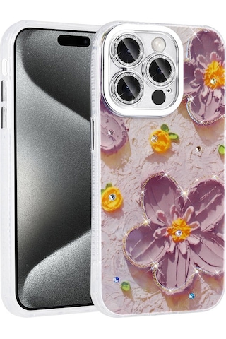 Apple Uyumlu iPhone 14 Pro Max Kılıf Çiçek Desenli Parlak Taşlı Sert Silikon Tchs Garden Kapak - Mor Mor
