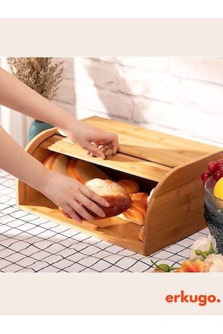 Bambu Ekmek Saklama Kutusu, Rulo Ekmek Kutusu, Ekmek Saklama Kabı, Ekmek Dolabı Kahverengi
