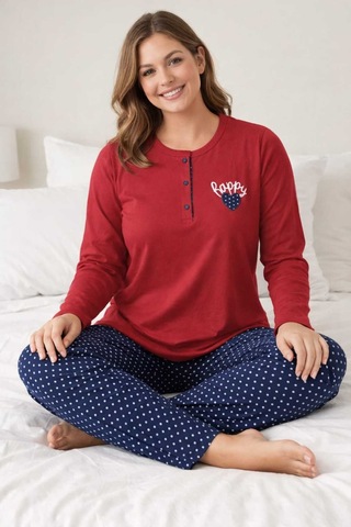 Tenra Geniş Kesim Kadın Pijama Takımı %100 Pamuk Kırmızı