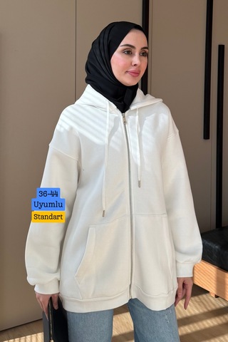 Balenbi Kadın 3 İplik İçi Polarlı Kapüşonlu Tesettür Basic Sweat Hırka 395 Ekru