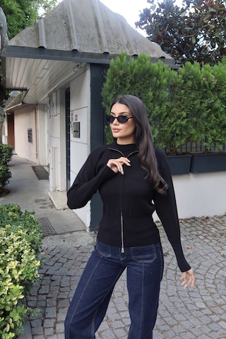 Kechi Woman Kadın Fitilli Triko Dik Yaka Fermuarlı Slim Hırka Kışlık Siyah