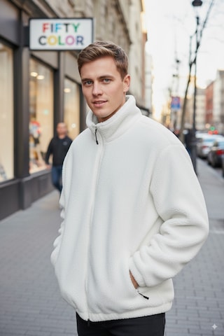 Beyaz Premium Kalite Dik Yaka, Fermuarlı, Polarlı, Peluş Ceket Beyaz