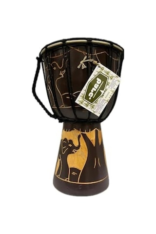 Ahşap Djembe, 30 Cm, Mahoni Ağacı Ve Keçi Derisi, Otantik Çalgı, Model 006, Fil Figürlü, Dekoratif Davul